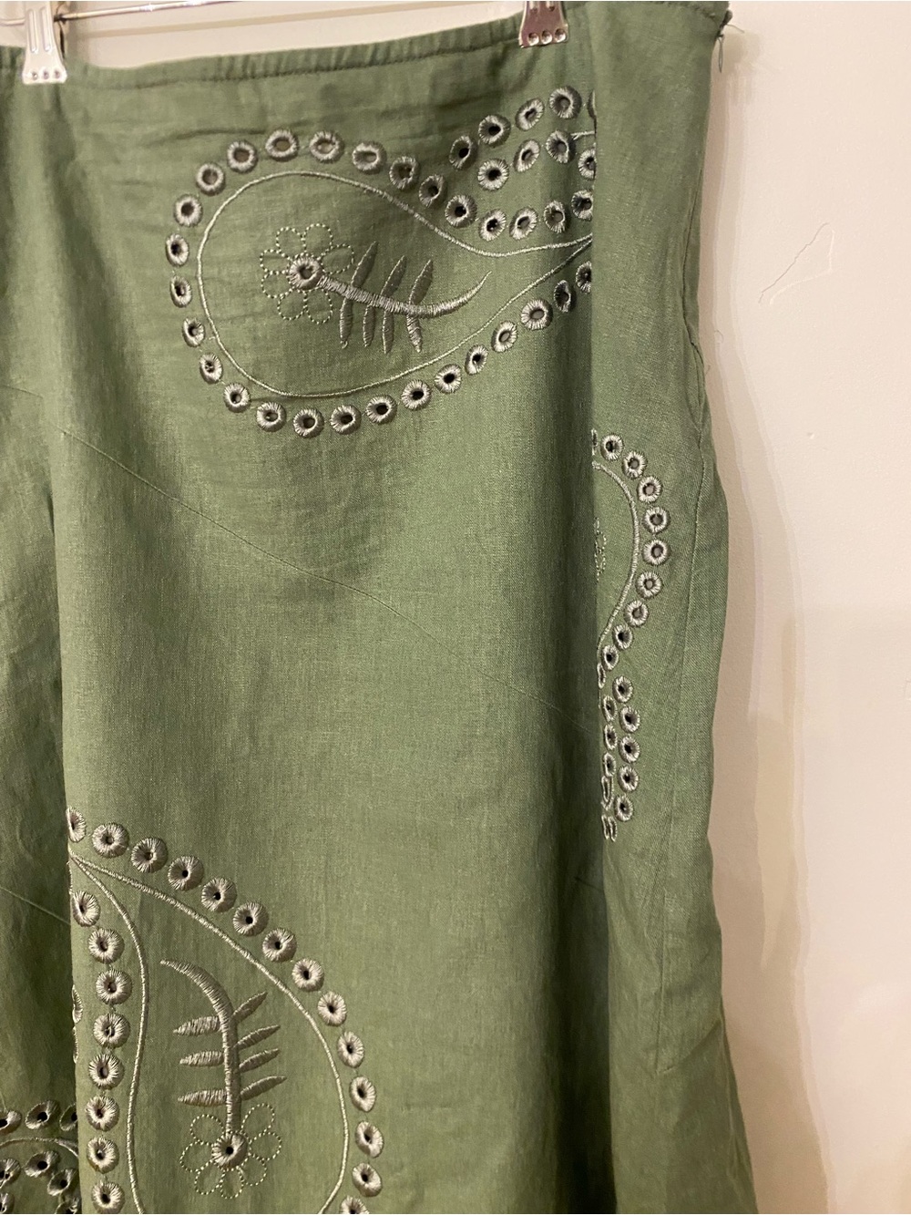 Tweeds Olive Green Maxi Skirt with Embroidered Eyelet Paisley